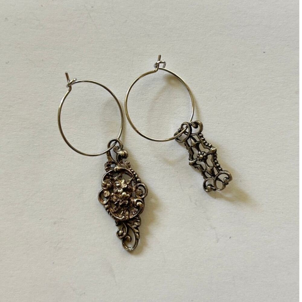 OOAK Upcycled Vintage Asymmetrical Hoop Charmer Earrings - Silver